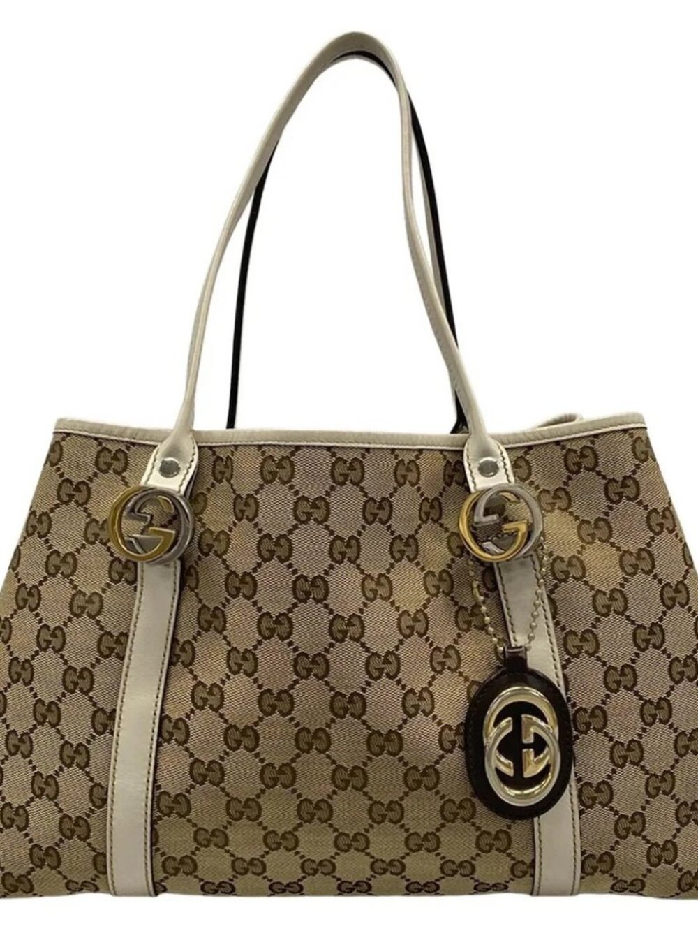 GUCCI GG Twins/GG Pattern Dark Brown Beige Cream Jacquard Leather - Picture 1 of 15